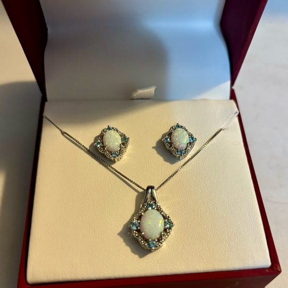 Opal with Natural Diamond and Blue Topaz Ring, Earrings and Necklace Set $750 - Picture 2 of 5